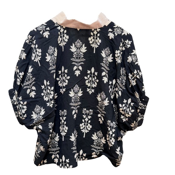 Entro Jeanette Black Botanical Print Top V Neck Bubble Sleeve Boho Peasant LG - Picture 3 of 5